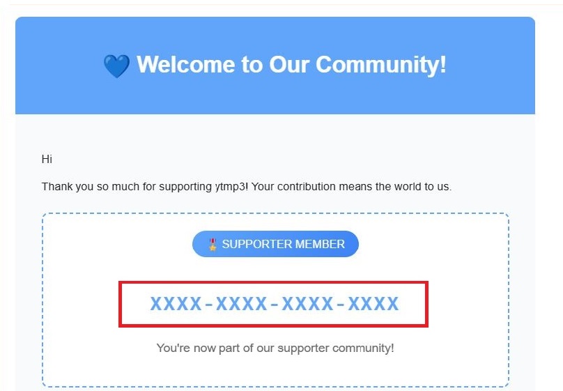 Supporter email with license key highlighted